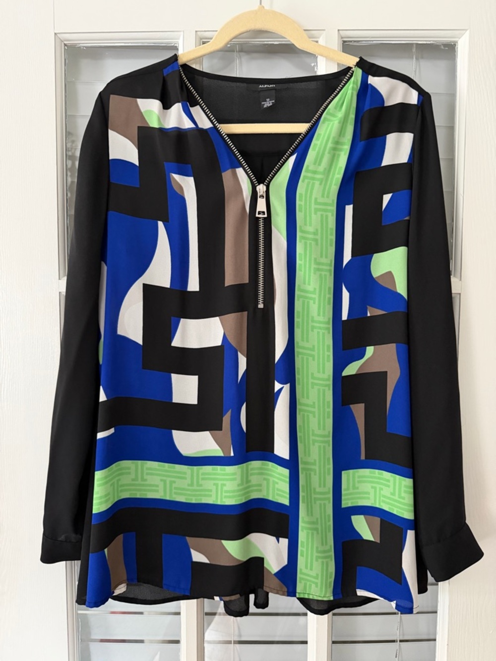 Alfani Women’s 12 Black Blue Green Zipper Roll Tab Sleeve Blouse | SKU 0024